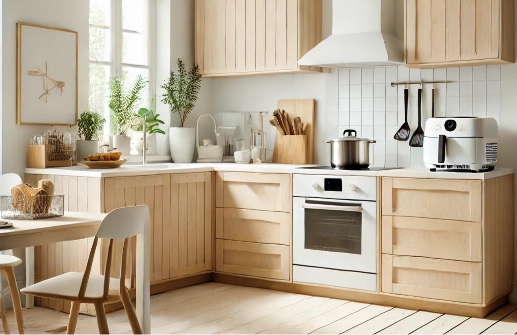 Her ser du et køkken med en airfryer. Vil du også have en airfryer i dit køkken kan du med fordel læse vores gennemgang af airfryer test. Vi hjælper dog til at finde den bedste airfryer